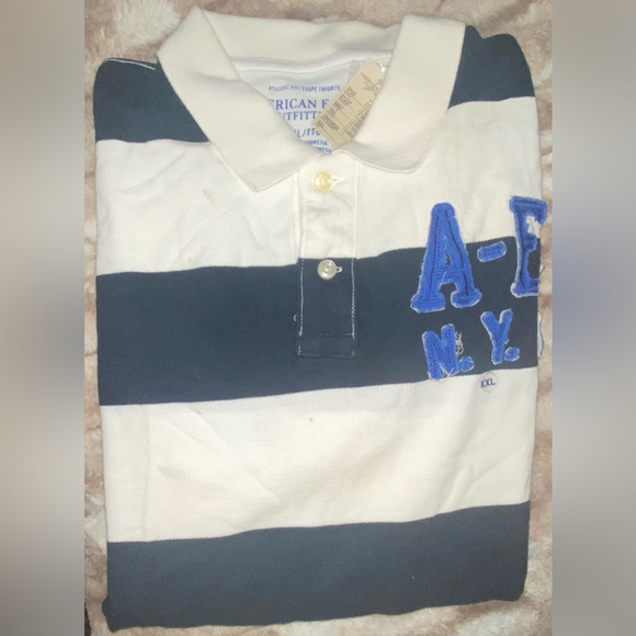 American Eagle Outfitters: Mens NY Logo Stripe Polo Shirt | Cream & Blue | XXL - Picture 1 of 2